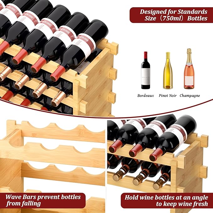 VASMIA Bamboo Stackable Wine Rack,72 Bottles Wine Rack Freestanding Floor,No Tools Assembly,8-Tier Display Wine Storage Shelf for Kitchen, Bar, Dining Room,Cellar,Natural