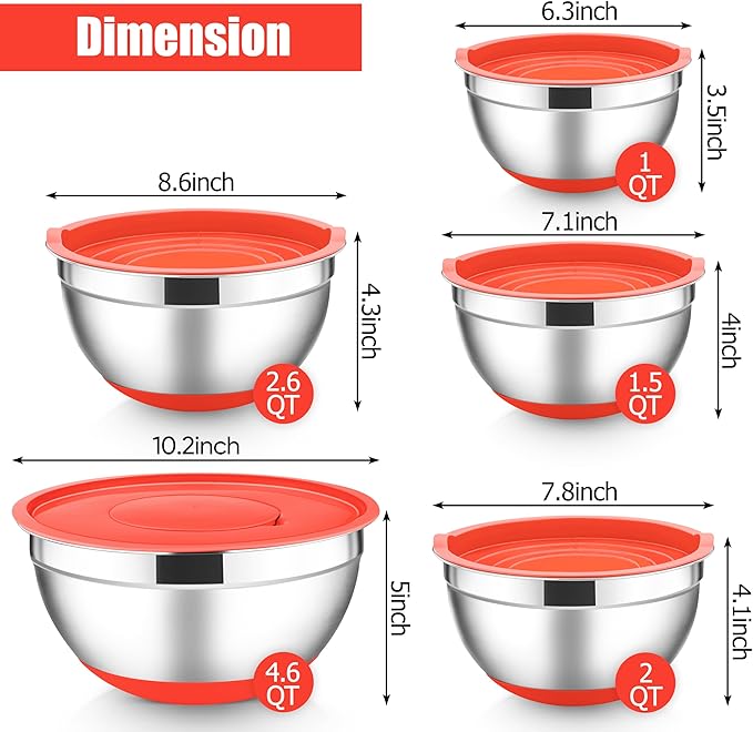 E-far Stainless Steel Mixing Bowls with Lids Set, 5-Piece Nesting Salad Bowls with 3 Grater Attachments and Non-Slip Bottoms, Size 4.6, 2.6, 2, 1.5, 1QT for Kitchen (Red)