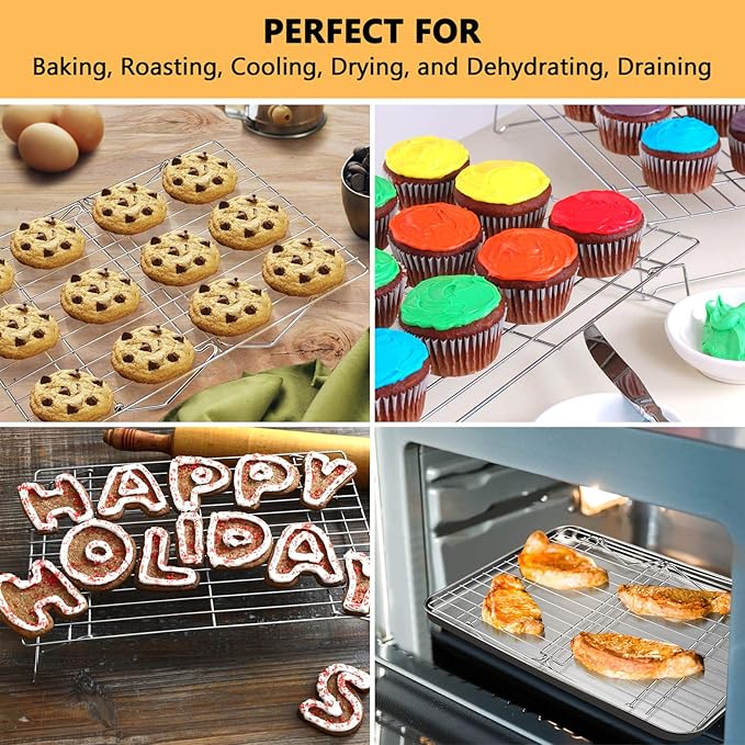 P&P CHEF Cooling Rack Set of 2, 2-Tier Stackable Stainless Steel Wire Racks for Baking Cooking Cooling Roasting, Collapsible & Heavy Duty, Oven Safe & Easy Clean, 15" x 10", Silver