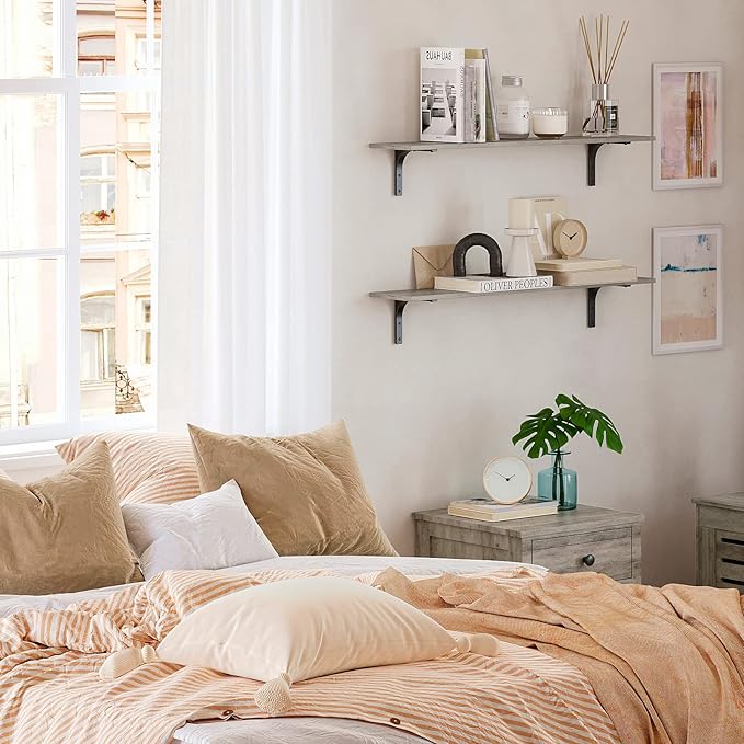 DINZI LVJ Long Wall Shelves, 39.4Inch Wall Mounted Shelves Set of 2, Extra Large Floating Storage Ledges with Sturdy Metal Brackets for Living Room, Bathroom, Bedroom, Kitchen, Gray Wash