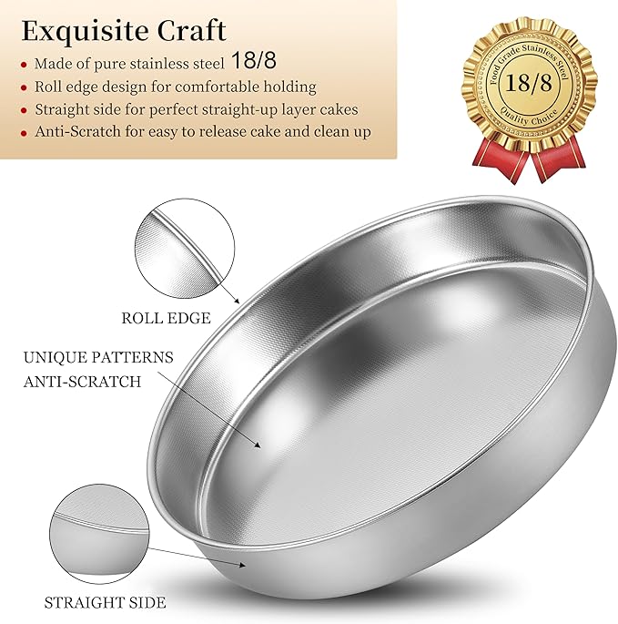 Inqibee Round Cake Pan Set of 2,18/8 Stainless Steel Round Cake Baking Pans,8-9.5 Inch,Physics Anti-Stick and Scratch,Non-Toxic and Easy to Clean