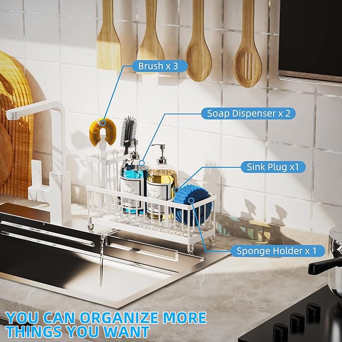 Moforoco Extra Large Kitchen Sink Caddy, Rustproof Sponge Holder for Kitchen Sink with High Brush Holder, Stainless Steel White Kitchen Caddy Sink Countertop Organizer, Sponge Caddy for Kitchen Sink