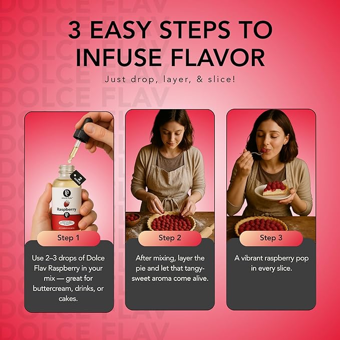 Dolce Flav Natural Raspberry Extract 2 oz – Kosher, Sugar-Free, Concentrated Tart Raspberry Flavoring for Baking, Beverages & Desserts, Includes Measured Dropper