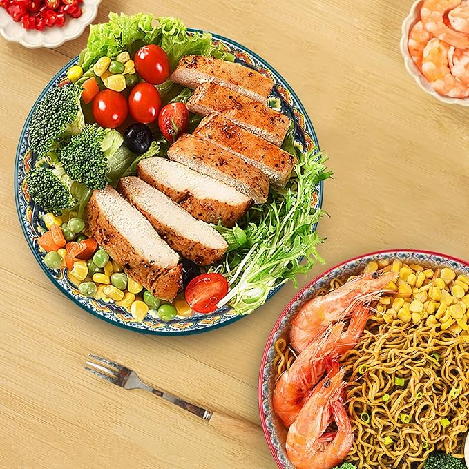 Large Serving Bowls, 75 Oz Fruit Salad Bowls, Bohemian Style Large Porcelain Dishes for Entertaining Parties,Big Bowls for Eating Soup, Salad, Pasta, Fruit, Chips, 10.3 Inch Diameter (green)