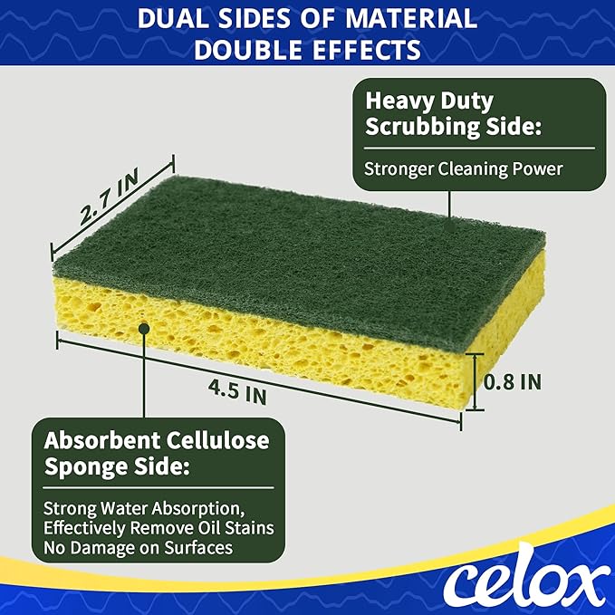 CELOX 12 Pack Dish Sponge for Kitchen, Dual Sided Scrub Heavy Duty, Non Scratch Sponges Perfect for Dishwashing and Household Cleaning, Highly Absorbent and Easy to Dry for Reuse