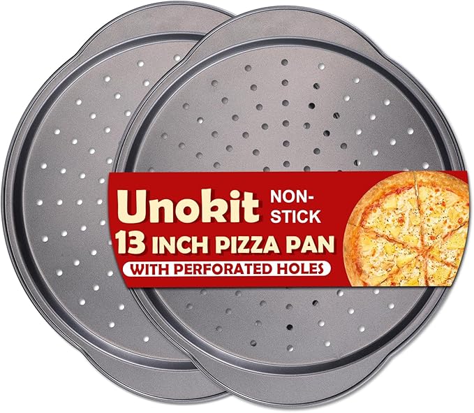 Unokit Pizza Pan for Oven - 13" 2PCS Round Carbon Steel Pizza Pan, Non-Stick Pizza Tray with Perforated Holes and Grip Handles, Dishwasher Safe, Grey
