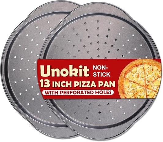 Unokit Pizza Pan for Oven - 13" 2PCS Round Carbon Steel Pizza Pan, Non-Stick Pizza Tray with Perforated Holes and Grip Handles, Dishwasher Safe, Grey