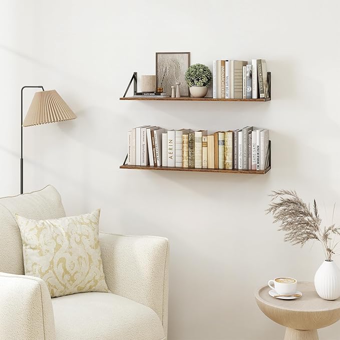 Heimlove Deep Floating Shelves for Wall, 30W x 8D Wood Wall Shelves Set of 2, Wide Floating Bookshelf for Living Room, Kitchen, Office, Bedroom and Decor Storage, with Metal Bracket - Rustic Brown