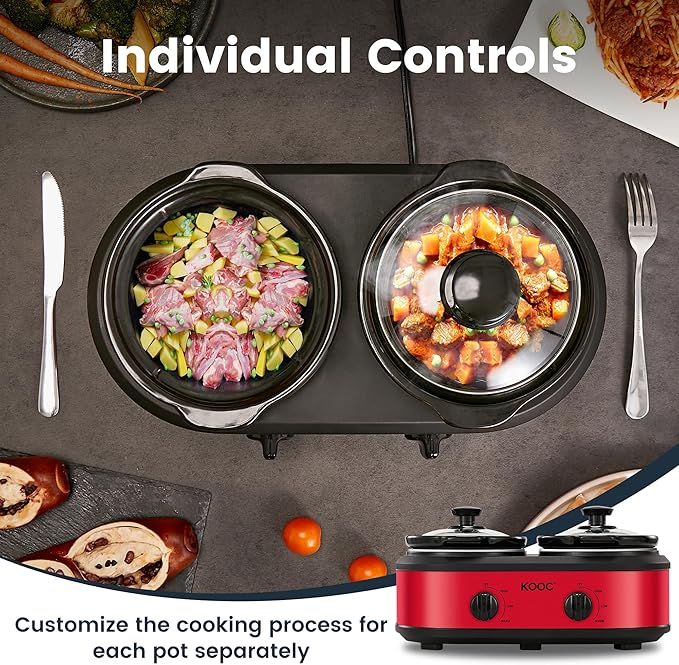 KOOC Double Small Slow Cooker, Buffet Server and Warmer, 2 Mini Pots with 3 Individual Adjustable Temp, Dual Ceramic Pots, Free Liners for Easy Clean-up, Stainless Steel, Total 2.5 Quart, Red, Round