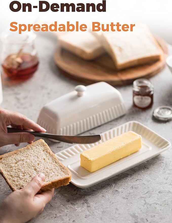 Ceramic Butter Dish with Lid, White Butter Holder Container with Porcelain Cover Knob Handle, Butter Dishes for Countertop Refrigerator, Perfect for East West Coast Butter Storage, Striped