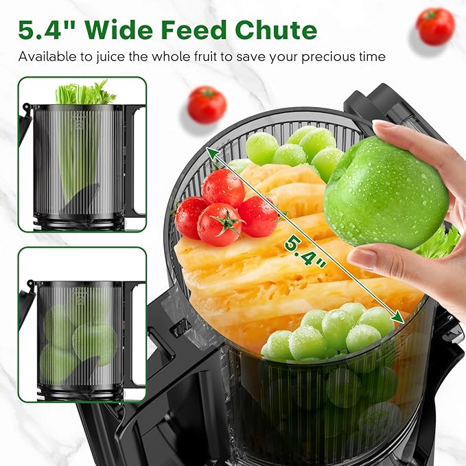 Cold Press Juicer, Masticating Juicer with 5.4" Wide Feed Chute, 350w Slow Juicer Machines Fit Whole Vegetables and Fruits with High Juice Yield, Easy to Clean (Black)