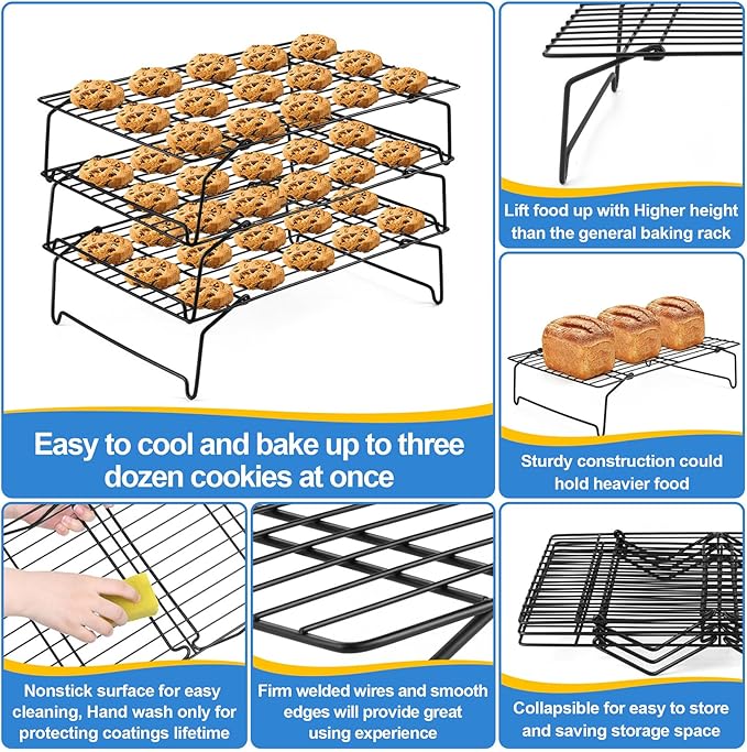 P&P CHEF 3-Tier Cooling Rack Set, Stackable Stainless Steel Baking Cooling Roasting Cooking Racks for Cake, Pastry, Bread, Meat, Bacon, Collapsible & Thick Wire, Oven Safe, 15" x10", Black
