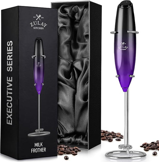 Zulay Kitchen Executive Series Milk Frother Wand - Upgraded & Improved Stand - Ideal Coffee Gift - Coffee Frother Handheld Foam Maker For Lattes - Electric Milk Frother Handheld For Cappuccino