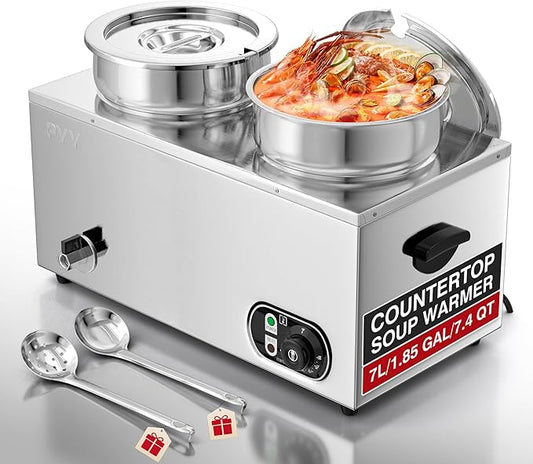 PYY Soup Warmer Commercial - Two 7.4QT Stainless Steel Bain Marie Round Pot 86~185°F Adjustable Temp, 1500W Electric Soup Warmer Countertop with Anti-Dry Burn and Reset Button for Restaurant, Buffet