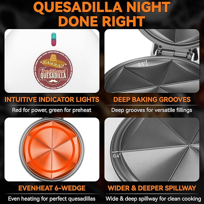 Baker's Friend Electric Quesadilla Maker with Extra Stuffing Design, 9.5 Inch with Easy Slice 6 Wedge, Non Stick Surface, Non-Slip Feet, Grilled Cheese Maker Machine, White