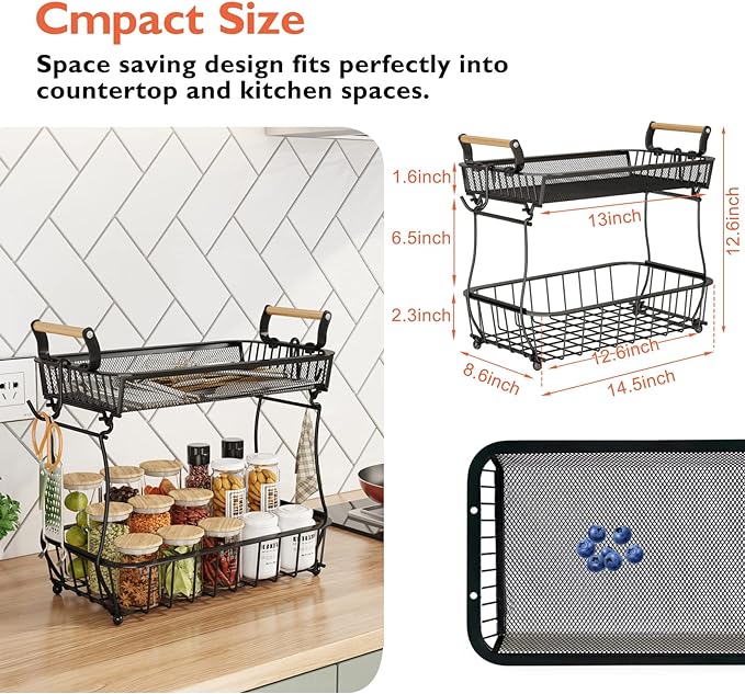 ANTOPY 2 Tier Fruit Basket with 2 Banana Hangers, Countertop Fruit Vegetable Basket Bowl for Kitchen Counter Metal Mesh Basket Fruits Stand Produce Holder Organizer for Onion Potato Bread Snack Veggie