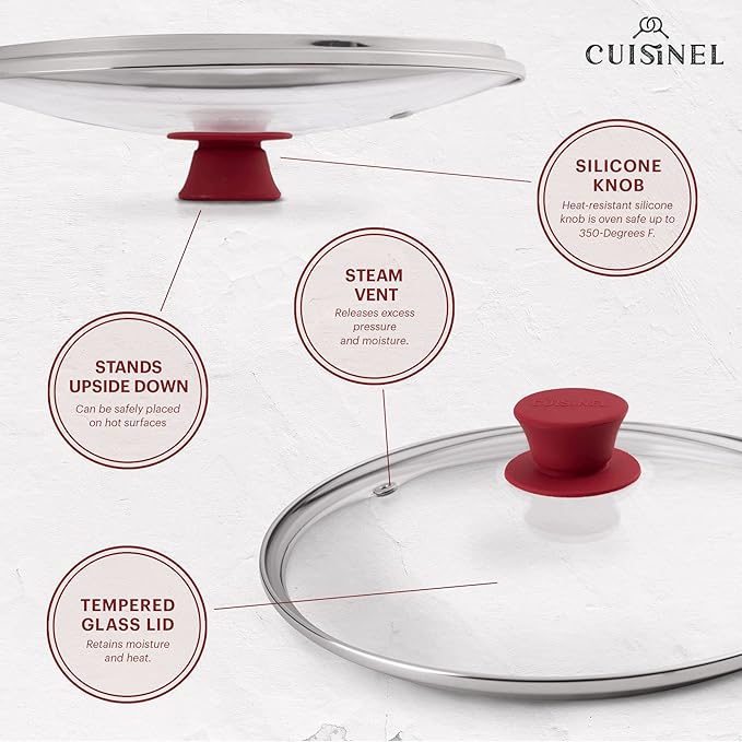 Glass Lid with Steam Vent Hole - 10"-Inch/25.4-cm - Compatible with Lodge Cast Iron Skillet Pan - Fully Assembled Universal Replacement Cover - Tempered and Oven Safe - Reinforced Stainless Steel Rim