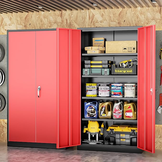 INTERGREAT Storage Cabinet, 72” Steel Locking Closet with Doors and 4 Adjustable Shelves, Tool Unit for Home Office, Garage & Tall Lockable File Cabinet, Black Red.