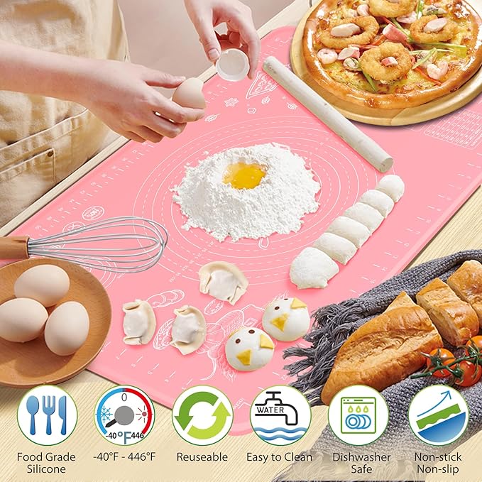 Silicone Pastry Mat 32" x 24" Extra Thick Non Stick Baking Mat with Measurements and Edge Heightening, Food Grade Silicone Rolling Mat for Pastry, Bread, Cookies, Pizza, Fondant, Pasta - Pink