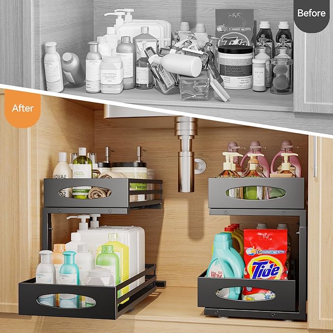 Under Sink Organizer, 2 Tier Under Sink Organizers and Storage, Adjustable Height, Slide out Metal Cabinet Organizers, Pull out Cabinet Storage Drawer Shelf for Kitchen Bathroom Black, 1 Pack