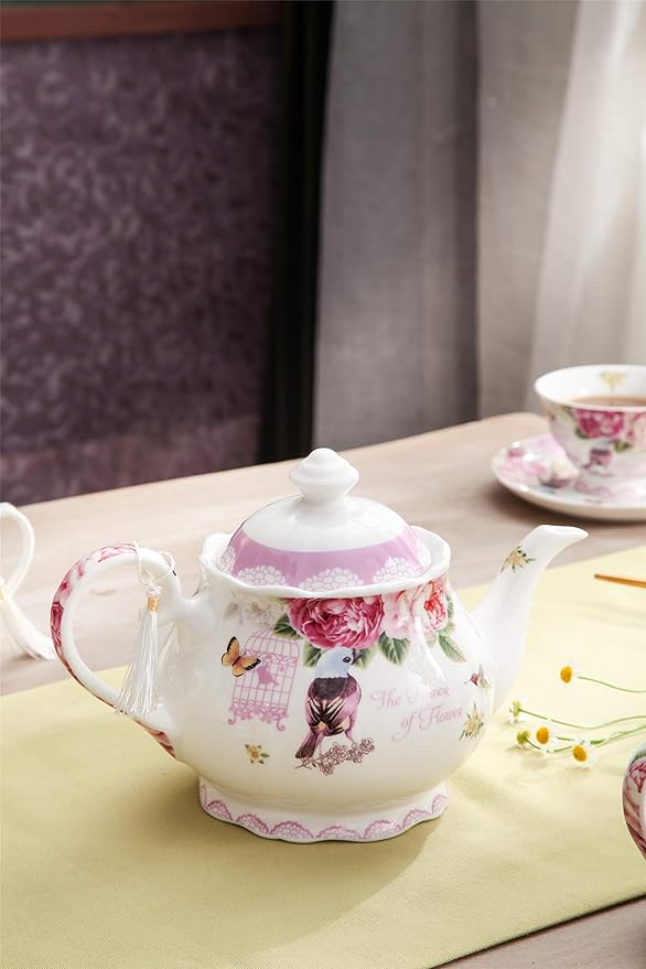 London Boutique Porcelain Teapot Sugar Bowl and Cream Milk Jug Shabby Chic Vintage Floral in Gift box 40oz (Teapot Bird Rose Butterfly)