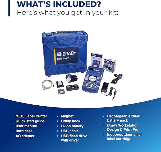 Brady M510 Portable Industrial Label Printer Kit with Laboratory ID Software, Carrying Case, Label Cartridge, Rechargeable Battery and Charger, 3.75" H x 5.75" W x 10" D