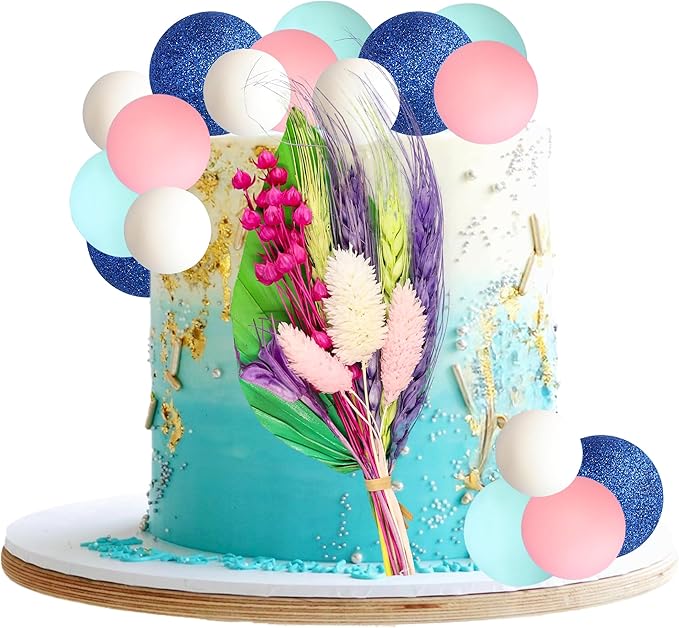 Gyufise 21 Pack Flower Boho Cake Topper Ball Cake Decorations Palm Leaves Plants Cake Decor for Girl Bohemian Princess Theme Wedding Baby Shower Birthday Party Supplies Blue Pink