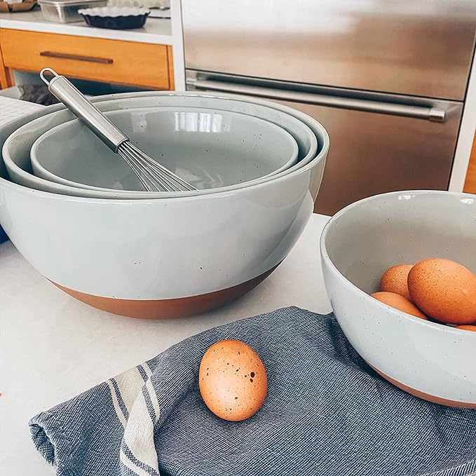 Mora Ceramic Large Mixing Bowls - Set of 2 Nesting Bowls for Cooking, Serving, Popcorn, Salad etc - Microwavable Kitchen Stoneware, Oven, Microwave and Dishwasher Safe - Extra Big 2.5 & 1.6 Qt - Grey