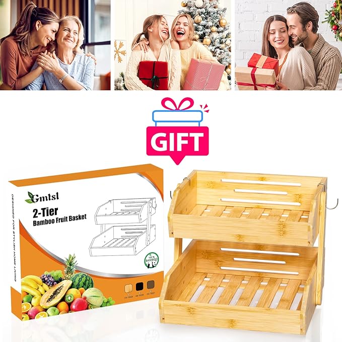 Bamboo Fruit Basket for Kitchen–2 Tier Fruit Bowl For Kitchen Counter, Large Fruit Holder With 2 Banana Hangers, Idea For Fruit and Vegetable Storage, Bread Basket, Snack Organizer(BAMBOO)