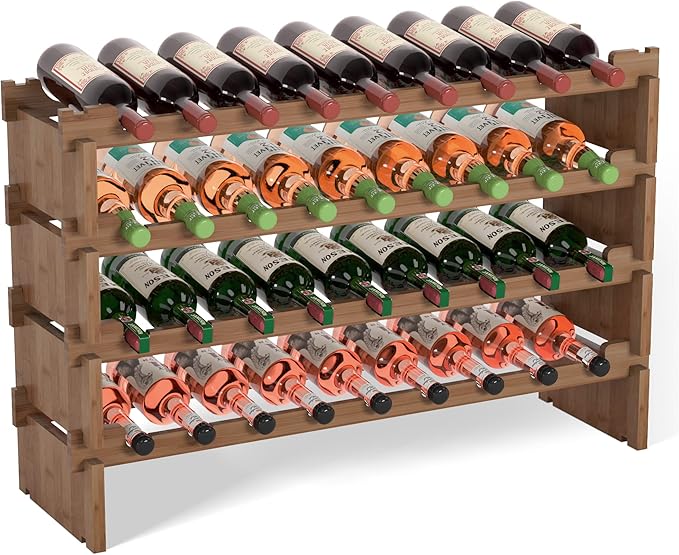 Domax Wine Rack Freestanding Floor - 36 Bottle Wine Racks Countertop,4 Tiers Stackable Wooden Storage Holder, 33.5 in Wide (Walnut)