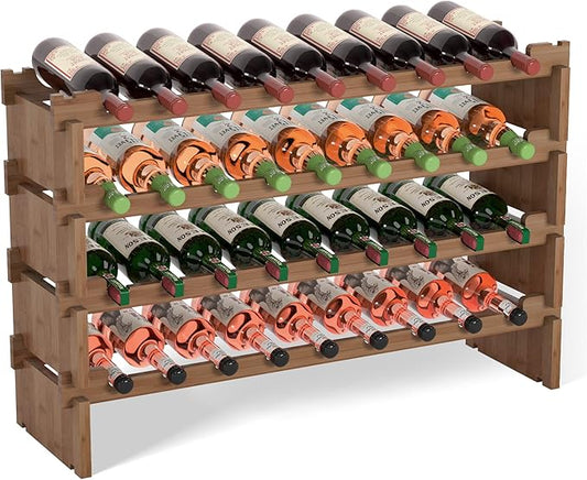 Domax Wine Rack Freestanding Floor - 36 Bottle Wine Racks Countertop,4 Tiers Stackable Wooden Storage Holder, 33.5 in Wide (Walnut)