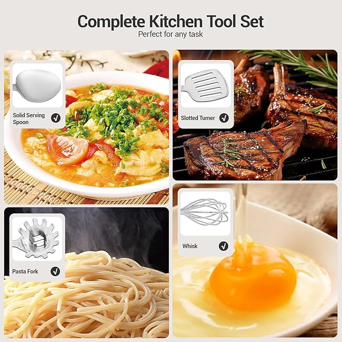 10PCS Cooking Utensils Set, Stainless Steel Utensils Set Non Slip Handle Heat Resistant Kitchen Cooking Tools Durable Metal Utensil Spatula, Spoon, Whisk, Ladle, Pasta Fork