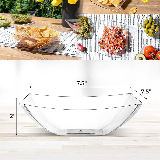 Posh Setting - Clear Plastic Serving Bowls for Party (32oz - 4 Pack) Square, Disposable, Salad & Fruit Bowls for Party Table, Candy Containers for Candy Buffet