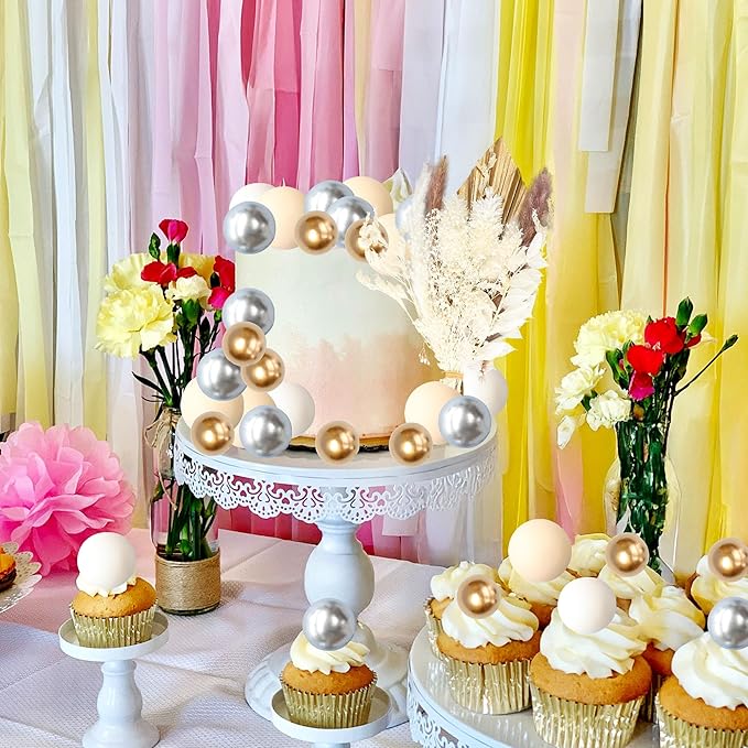 Gyufise 21 Pack Flower Boho Cake Topper Ball Cake Decorations Palm Leaves Plants Cake Decor for Girl Bohemian Princess Theme Wedding Baby Shower Birthday Party Supplies White