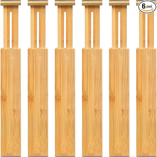 VaeFae 6-Pack Bamboo Drawer Dividers – Adjustable 14"-19.1" (Fits 15"-18" Drawers ONLY), Spring-Loaded Expandable Organizer for Kitchen, Bedroom, Office & Bathroom, MUST MEASURE Before Purchase