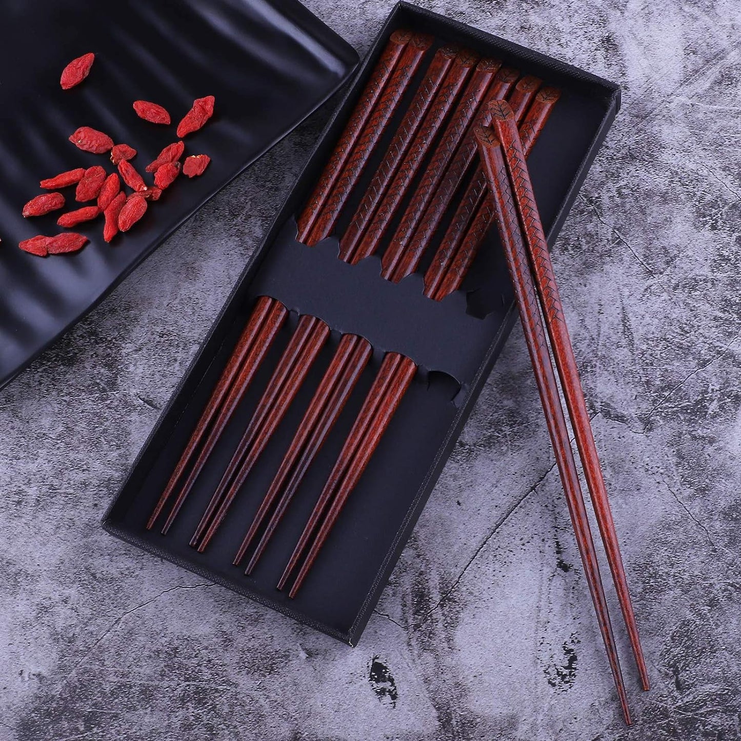 Antner 5 Pairs Hardwood Chopsticks Japanese Style Reusable Hand-Carved Chopsticks Natural Wood Chop Sticks with Gift Box, Dishwasher Safe