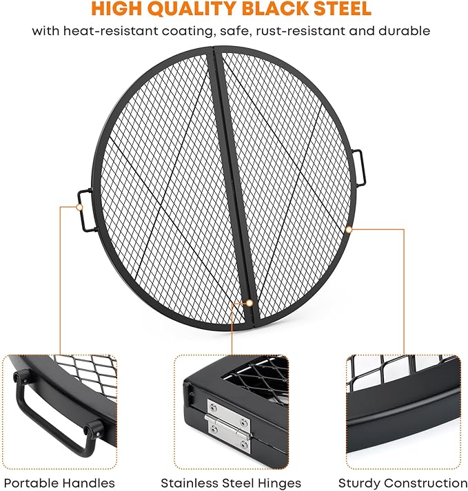Stanbroil X-Marks Fire Pit Cooking Grill Grates, Foldable Round Cooking Grate with Handles, 36 Inch Portable Outdoor Campfire BBQ Grill, Black