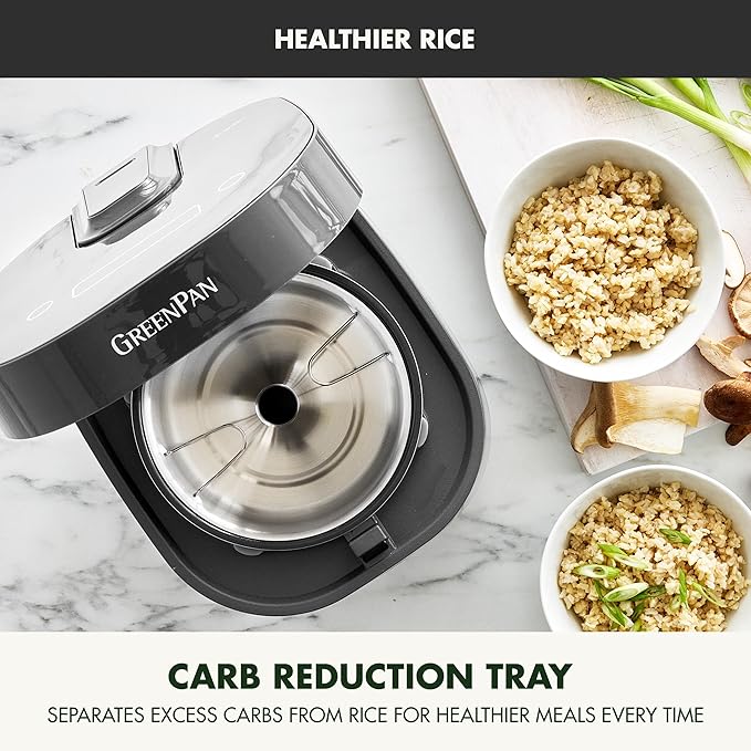 GreenPan Carb Reducing Electric Rice Cooker, 4 Cups Uncooked/8 Cooked Rice, 10 Presets, LED Display, Healthier Meals, Delay Timer, PFAS-Free Ceramic Nonstick Removable Bowl, Cool Touch, Steam, Graphite