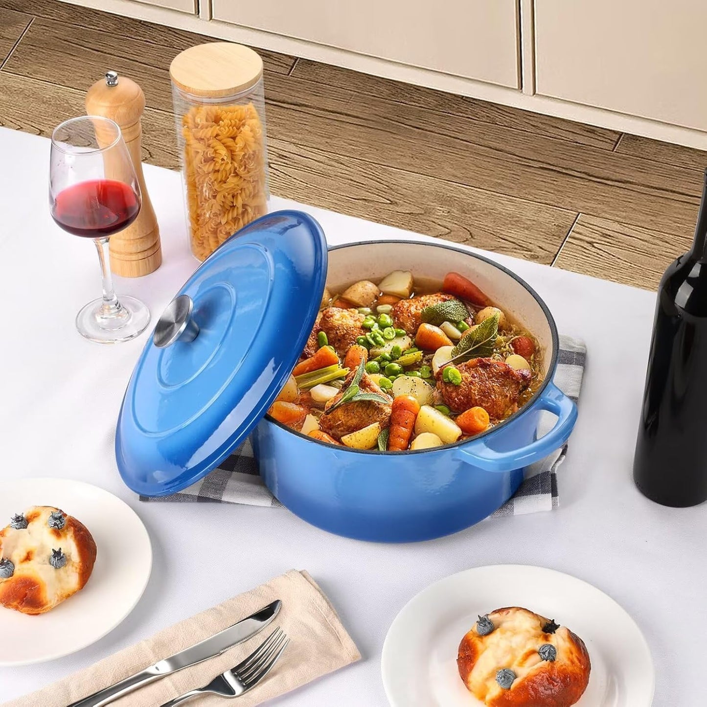 P&P CHEF 6QT Enameled Dutch Oven, Cast Iron Dutch Oven Pot with Lid for Bread Baking, Enameled Casserole Pot for Roasting Braising Stewing Frying Simmering, Various Stoves & Easy Clean, Blue