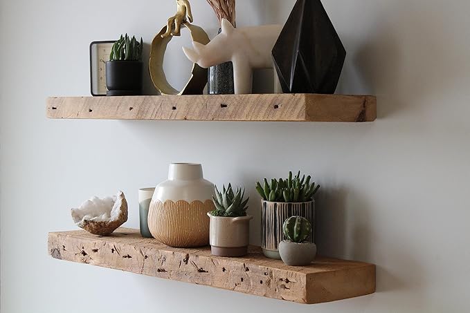 Urban Legacy Reclaimed Barnwood Planks | Floating Shelves for Wall w/Flush Mount Shelf Bracket Set Included | Set of 2 (Natural, 18" x 7" x 2")