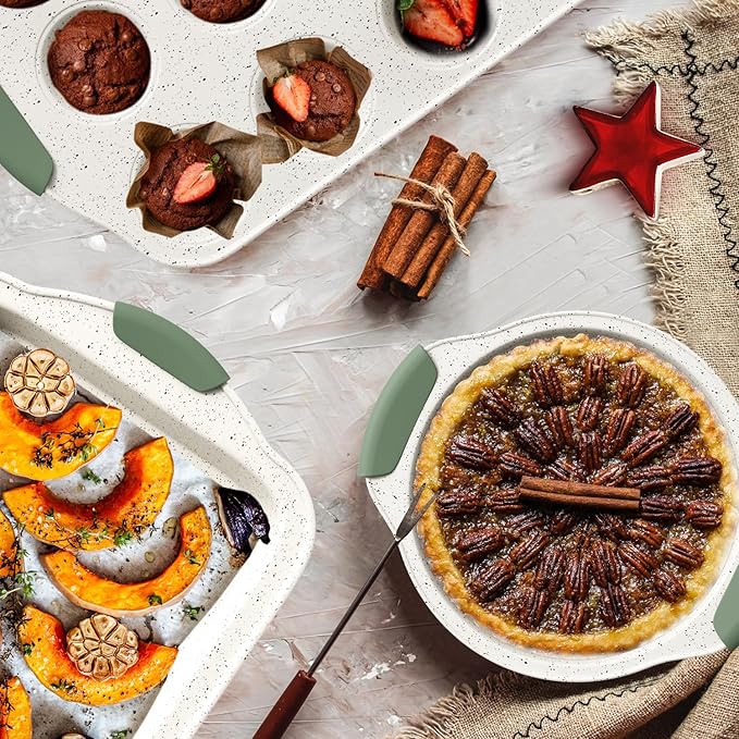 11-Piece Non-Toxic Baking Set, Stackable Nonstick Cookware with Heat-Resistant Handles - Includes Cookie Tray, Round Cake Pan, Muffin Cups, Pizza Pan & Loaf Baker, White&Light Green