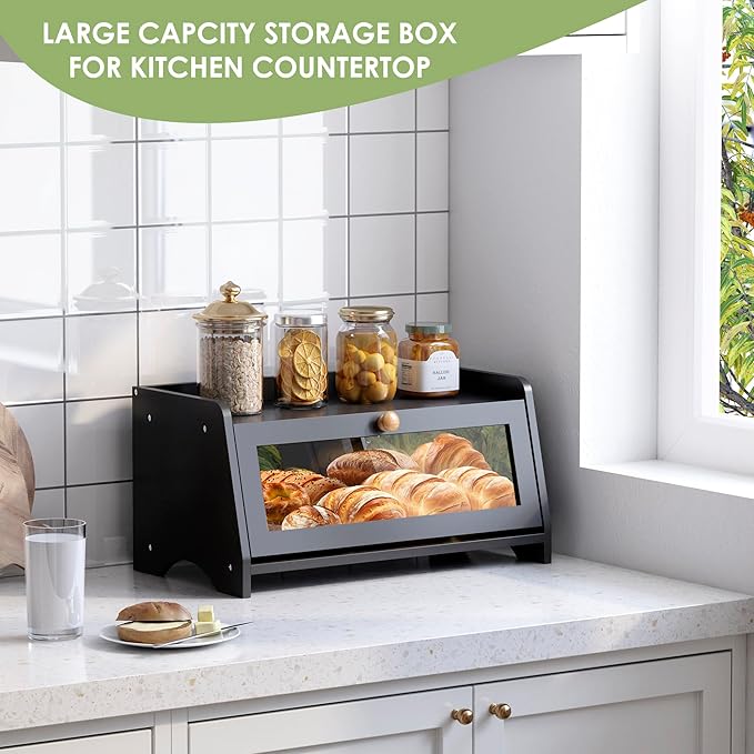 Bread Box for Kitchen Countertop, Large Bread Container Storage, Wooden Farmhouse Bread Box with Window Bread Holder (Black)