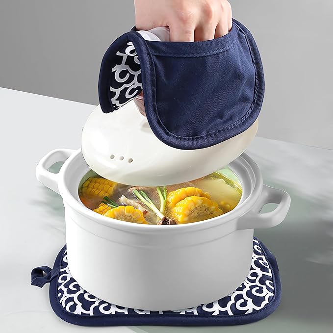 2 Pcs Pot Holders Sets for Kitchen Heat Resistant Oven Hot Pads with Pockets Non Slip Soft Grip Potholders for Baking Cooking (Blue2, 9.44 in X 7.0 in)