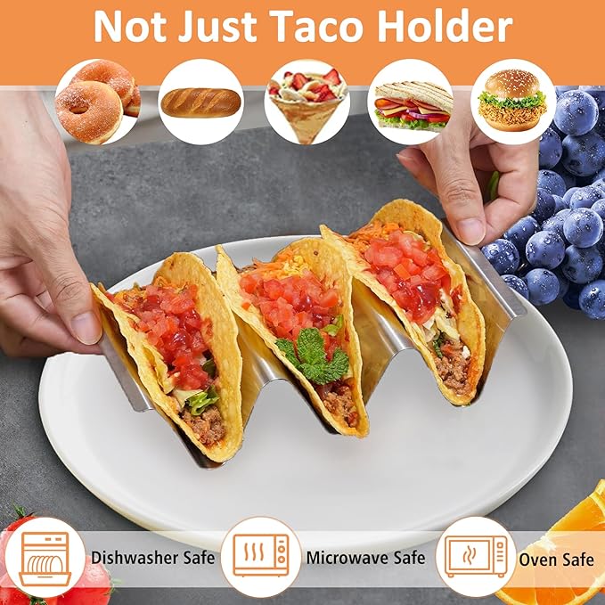 Taco Holder Set of 6, Stainless Steel Taco Holder Stand, Taco Rack Truck Tray Style with Easy-Access Handle, Oven, Grill and Dishwasher Safe