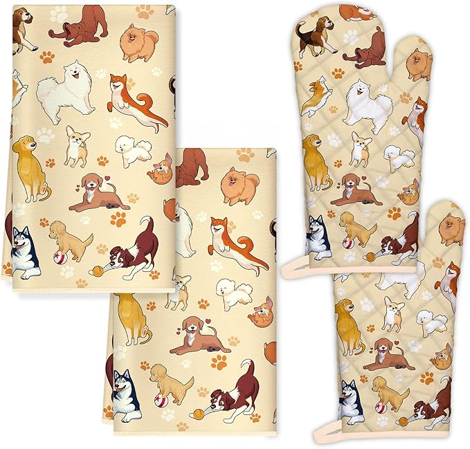 Cute Dogs Kitchen Towels and Oven Mitts Set 4Pcs, Soft Absorbent Dish Cloth Heat Resistant Oven Gloves for Cooking Baking Kitchen Decoration, Gifts for Her