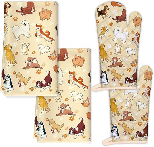 Cute Dogs Kitchen Towels and Oven Mitts Set 4Pcs, Soft Absorbent Dish Cloth Heat Resistant Oven Gloves for Cooking Baking Kitchen Decoration, Gifts for Her