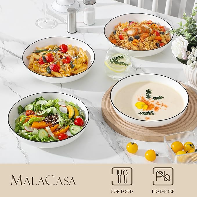 MALACASA 8.85" Large Pasta Bowls, 42 OZ White Salad Bowls Soup Bowls, Porcelain Serving Bowls Set of 4, Ivory White & Black Rim, Microwave & Dishwasher Safe, Series REGULAR