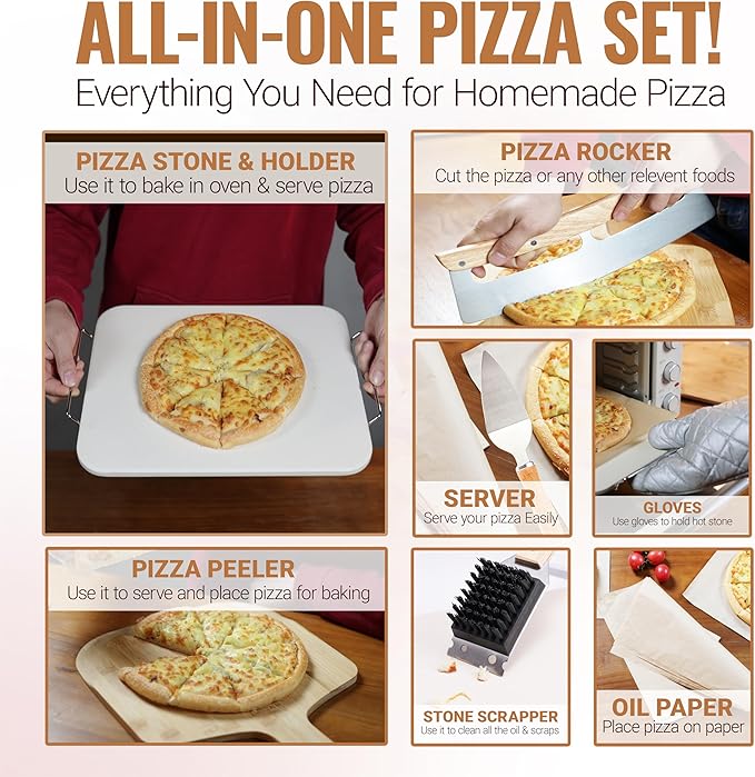 8 PCS Pizza Stone Set, Extra Large 15×12 Inch Pizza Stone for Grill, Rectangle Baking Sone With Pizza Kit for Pizza, Bread, BBQ Grilling, Pizza Peel Set