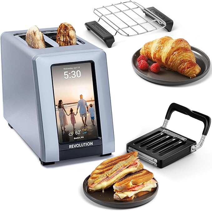 Revolution R180 Connect Plus Smart Toaster Bundle with Toastie Press & Warming Rack – Touchscreen, 2-Slice Wide Slot, InstaGLO 2.0 Tech, Digital Picture Frame– Toast Bread, Bagels, Waffles, Tortillas