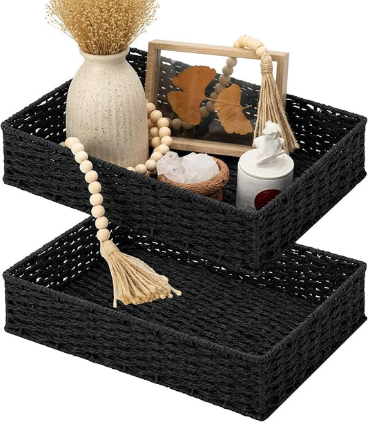 StorageWorks Bathroom Vanity Tray for Countertop, Bathroom Counter Tray for Decorative, Toilet Paper Baskets, Black, Larger, 2 Pack